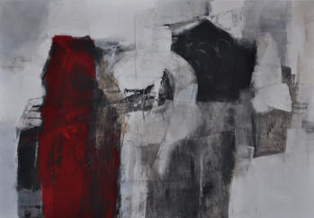 Gouache mit Granitsand, Rebschwarz, Kohle, Glanzruß und Schiefermehl dunkel auf Leinwand  130x90    Preis:  780€