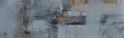 Gouache mit Granitsand, Pastellkreide, Silberblättchen, Kohle, Glanzruß und Bronzepulver auf Leinwand  140x45    verkauft