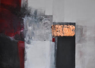 Gouache mit Granitsand, Pfirsichkernschwarz, Pastellkreide, Eisenglimmer, Kupfer und Kohle auf Leinwand  110x80   verkauft