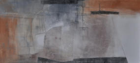 Gouache mit Granitsand, Traubenkernschwarz, Silberblättchen, Schiefermehl hellst, Pyrit, Lavaerde und Kohle auf Leinwand  110x50    verkauft