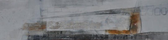 Gouache mit Granitsand, Siberblättchen und Kohle auf Leinwand  120x30   Preis: 250€