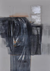 Gouache, Lavaerde, Granitsand, Pastellkreide, Silberblättchen, Marienglas und Kohle auf Leinwand     50x70     Verkauft