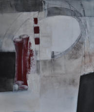 Gouache, Lavaerde, Granitsand grau, Silberblättchen, Pyrit und Perlmutt auf Leinwand     80x95   Verkauft