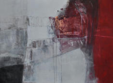 Gouache mit Granitsand grau, Kupferblättchen, Champagnerkreide, Ölkreide, Marienglas, Pfirsichkernschwarz und Kohle auf Leinwand  110x80   Verkauft