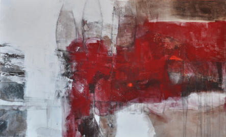 Gouache mit Granit, Rupfen, Kupfer, Obsidian, Kohle, Umbra, Patina braun, Pastellkreide und Granatmehl auf Leinwand  130x80  Preis: 600 €