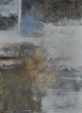 Gouache mit Granitsand, Sepiatinte, Schlamm, Kohle, Collage, Rupfen und Ölpastell auf Leinwand  80x110   verkauft