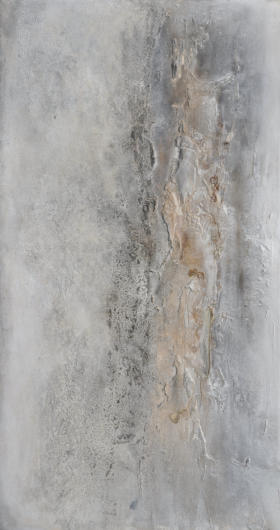 Gouache mit Marmormehl, Kohle, Kaffee, Hämatit und Kreide von Sarti gelblich auf Leinwand  70x130    privat