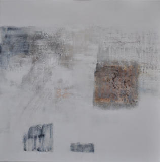 Gouache mit Granitsand, Bister, Pyrit, Silberplättchen und Collage auf Leinwand  70x70  Preis: 270 €